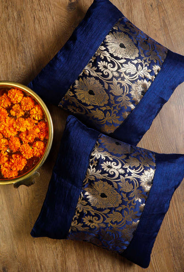 Set Of 2:Royal Blue Brocade Cushion Covers